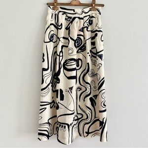 Magaschoni Cream and Black Artistic Midi Linen Skirt